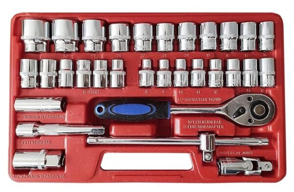 Neobrandbucket-HELLARO 32Pcs Heavy 1/2" inch Combinational Ratchet Socket Wrench Spannar Tool Goti Set with Carry Box for Automobiles/Bike/Car Repair Tool Kit Socket Set (Pack of 32) (32pc in Red box)